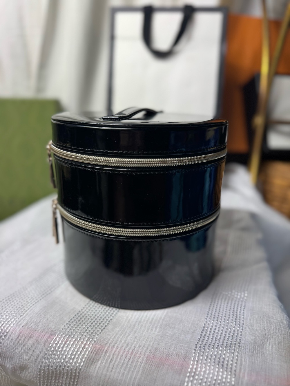 Vintage Lancôme Glossy Black Double-Compartment Vanity Makeup Bag Kit Mirror